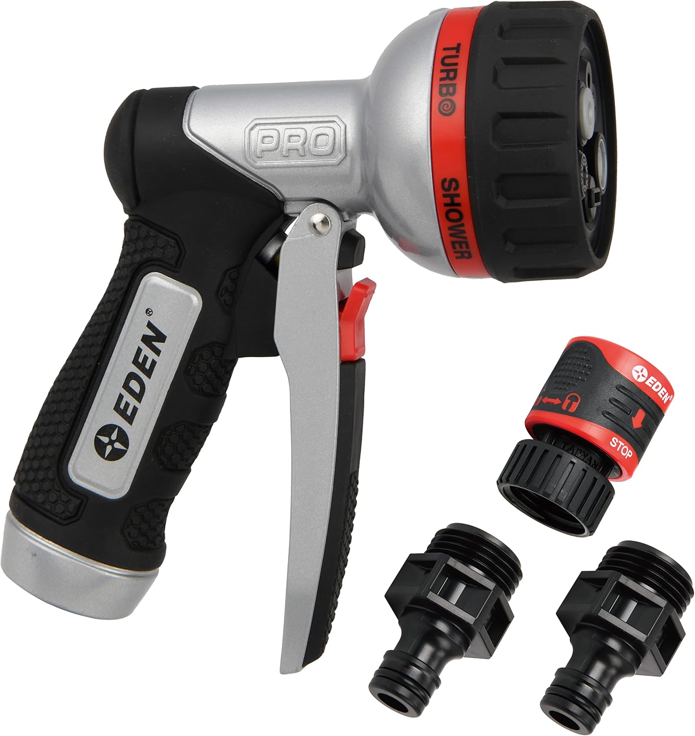 Eden PRO 94833 Metal Front Trigger 6-Pattern Turbo Nozzle, Heavy Duty Hose Sprayer for Garden, Plants, Lawns, Quick Connect Set Included