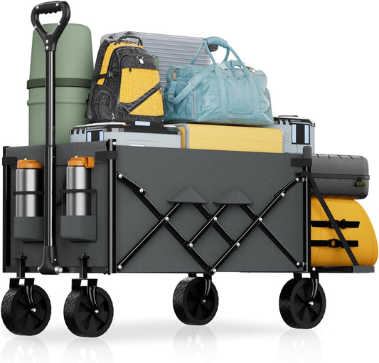 Lightweight Folding Wagon, Large Capacity Collapsible Grocery Cart on Big Wheels, Heavy Duty Foldable Shopping Carts, All-Terrain Outdoor Utility Carts, 4.5 Cu Ft, Grey