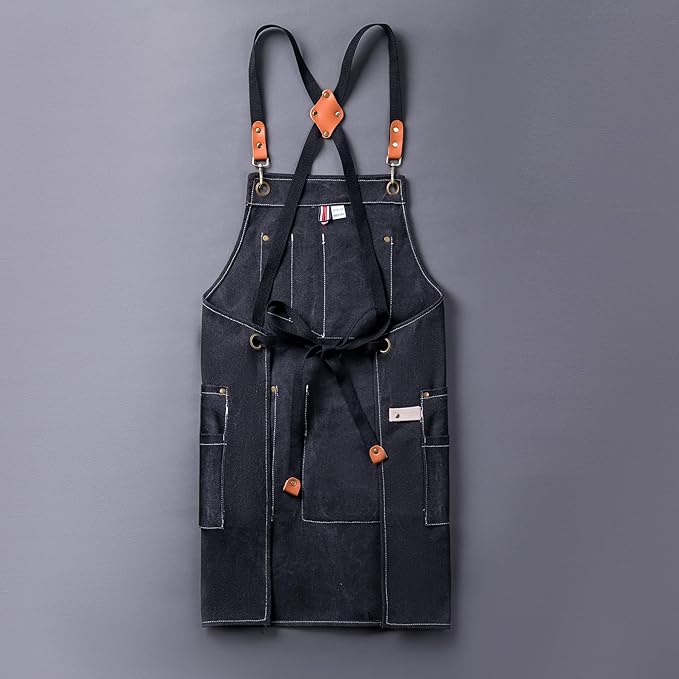 Canvas Aprons for Men Chef Apron, Work Apron with Large Pockets - 16oz Heavy Duty Cross Back, BBQ, Cooking