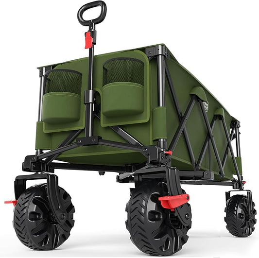 Timber Ridge 51.2'' Extended Collapsible Wagon Cart with Brakes and Cargo Net, Heavy Duty Foldable Utility Wagon with Adjustable Handle, 400L Capacity Portable Cart for Camping Sports Shopping