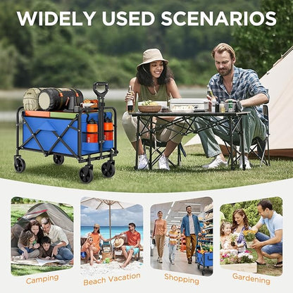 Collapsible Wagon Cart Foldable Beach Wagon with All-Terrain Wheels - 380 LBS Heavy Duty Grocery Cart for Shopping, Beach, Camping, Sports, Garden (Blue)