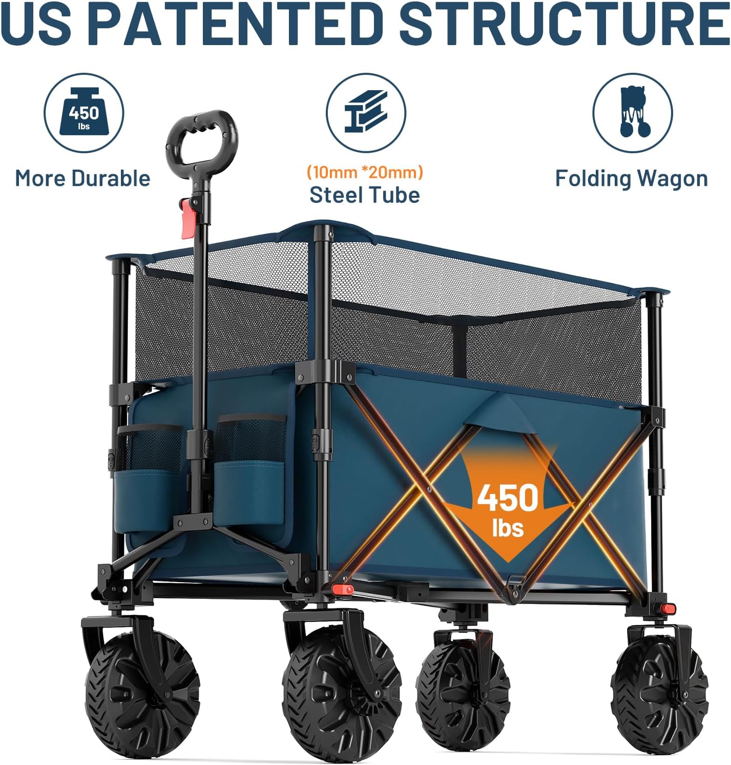 TIMBER RIDGE Foldable Wagon 350L Extendable Height, Large Capasity Collapsible Wagon Cart with All Terrians Detachable Wheels, Compact Folding Utility Wagon for Camping, Fishing, Shopping Navy