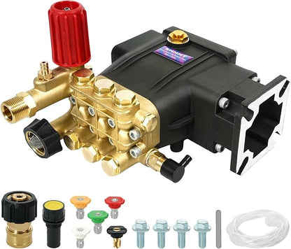 Pressure Washer Pump, 3/4" Shaft Horizontal Triplex Plunger, 3300 PSI, 3GPM, Replacement Power Washer Pumps Kit with 5 Nozzles