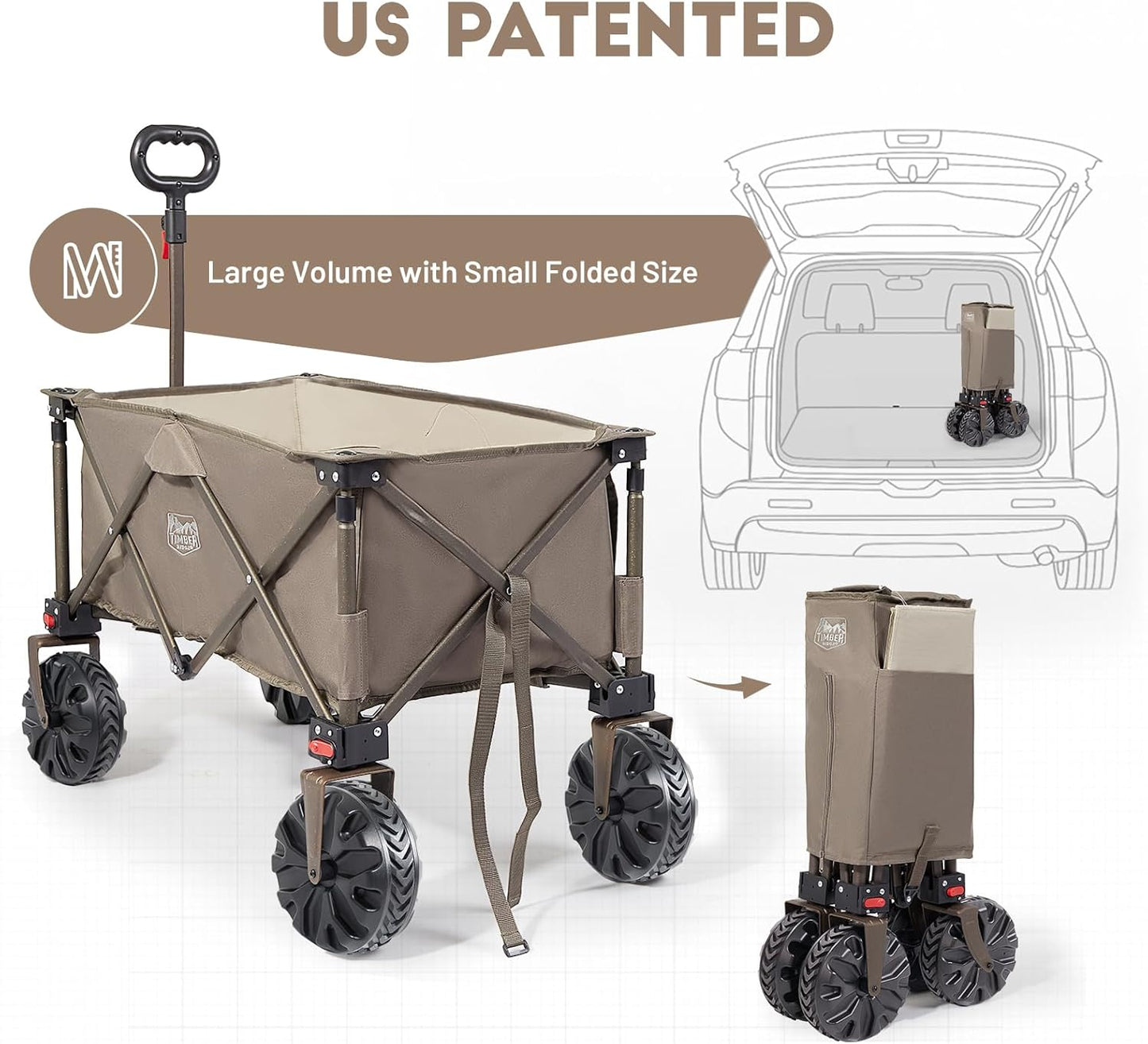 Timber Ridge Outdoor Collapsible Wagon Utility Folding Cart Heavy Duty All Terrain Wheels for Shopping Camping Garden with Side Bag and Cup Holders,Tan