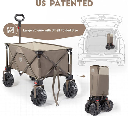 Timber Ridge Outdoor Collapsible Wagon Utility Folding Cart Heavy Duty All Terrain Wheels for Shopping Camping Garden with Side Bag and Cup Holders,Tan