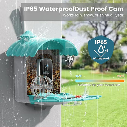 Smart Bird Feeder with Camera, AI Identify Birds Species Solar Powered, 2K HD Video Bird House with Camera, Instant Arrival Alerts, Waterproof Squirrel Proof, Gift for BirdLovers, 2.4GHz WiFi, Blue