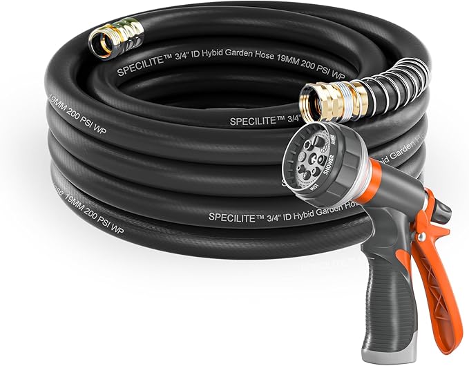 SPECILITE Garden Water Hose 50 ft x 3/4 in Heavy Duty, Flexible and Lightweight, Burst 600 psi, Kink-less Hybrid Rubber Pipe for Backyard, 3/4'' Brass Fittings, Black