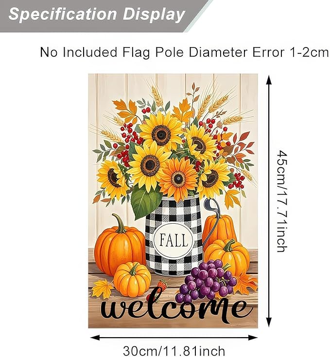 Garden Flags 12x18 Inch Fall Welcome Flag Double Sided Sunflower Pumpkin Grape Floral Outdoor Yard Banner for Porch Lawn Patio Autumn Harvest Decor Seasonal Thanksgiving Decoration