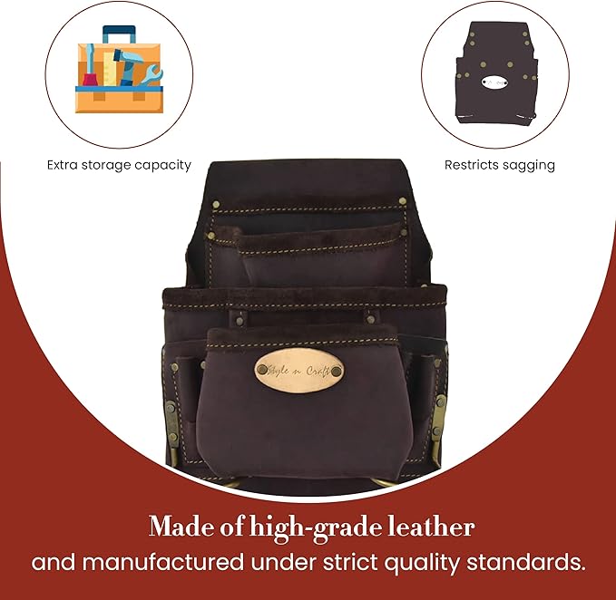 Style n Craft 10-Pocket Carpenter’s Nail & Tool Pouch, Heavy-Duty Leather Tool Pouch, Perfect and Durable Oiled Full-Grain Leather Pouch, Dark Brown (#90923)