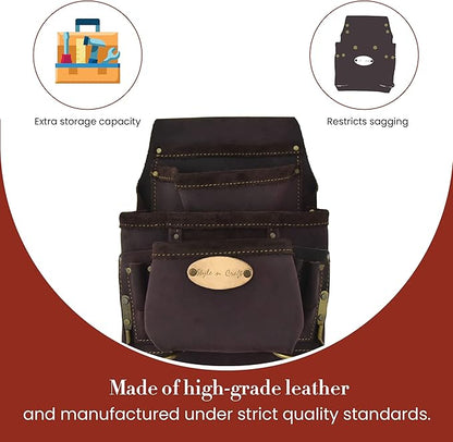 Style n Craft 10-Pocket Carpenter’s Nail & Tool Pouch, Heavy-Duty Leather Tool Pouch, Perfect and Durable Oiled Full-Grain Leather Pouch, Dark Brown (#90923)