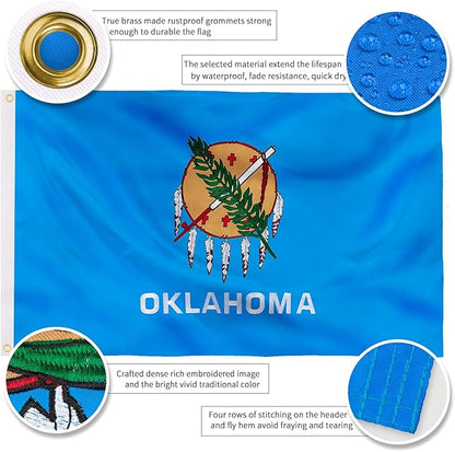 XIFAN Premium Oklahoma State Flag 3x5 ft Outdoor, Double Sided Embroidered Image, Heavy Duty 210D Nylon OK Flags, the Strongest Longest Lasting for Outside with Sewn Stripes/Brass Grommets