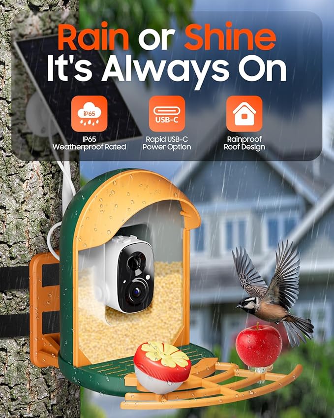 Camii Bird Feeder with Camera, Smart Birdfeeder with AI Identify Birds Species, 2K HD, Solar Powered, Night Vision, Real-Time Alert, IP66 Waterproof for Backyard Bird Watching Enthusiasts (Dark Green)