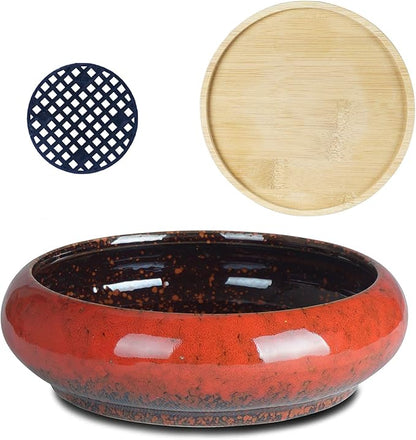 ARTKETTY Succulent Pots - 7.3 Inch Large Succulent Planters with Drainage Ceramic Bonsai Pots with Bamboo Tray, Shallow Planters for Indoor Cactus Plants Decorative Flower Plant Container