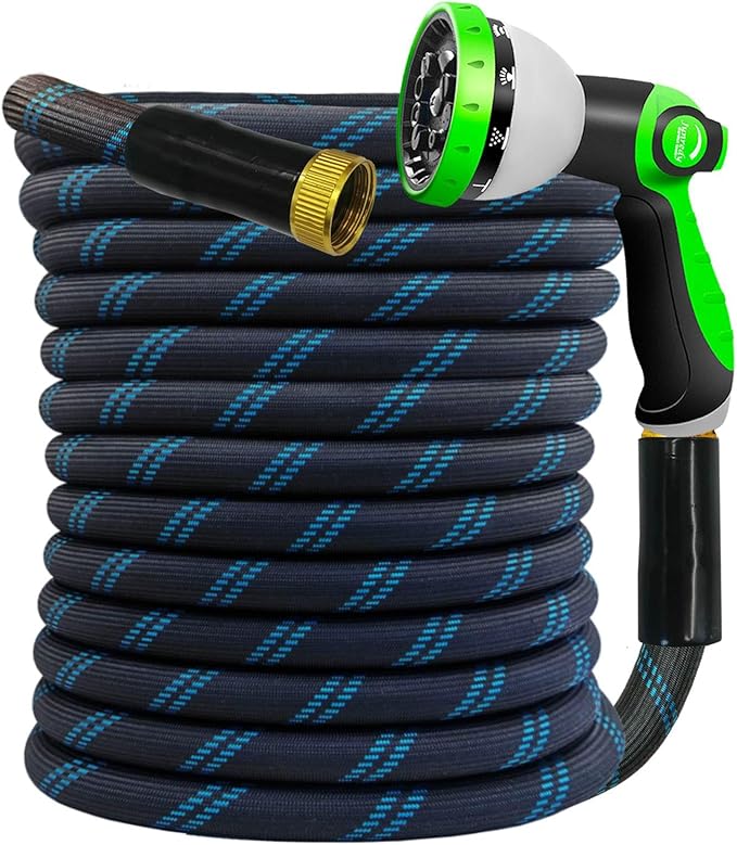 Garden Hose 50FT, NON-EXPANDABLE Heavy-Duty Flexible & Lightweight Water Hose with 10-Function Nozzle, No-Kink, Leak-Proof, Solid Fittings for Car, RV Marine Camper, Outdoor, Yard, Lawn