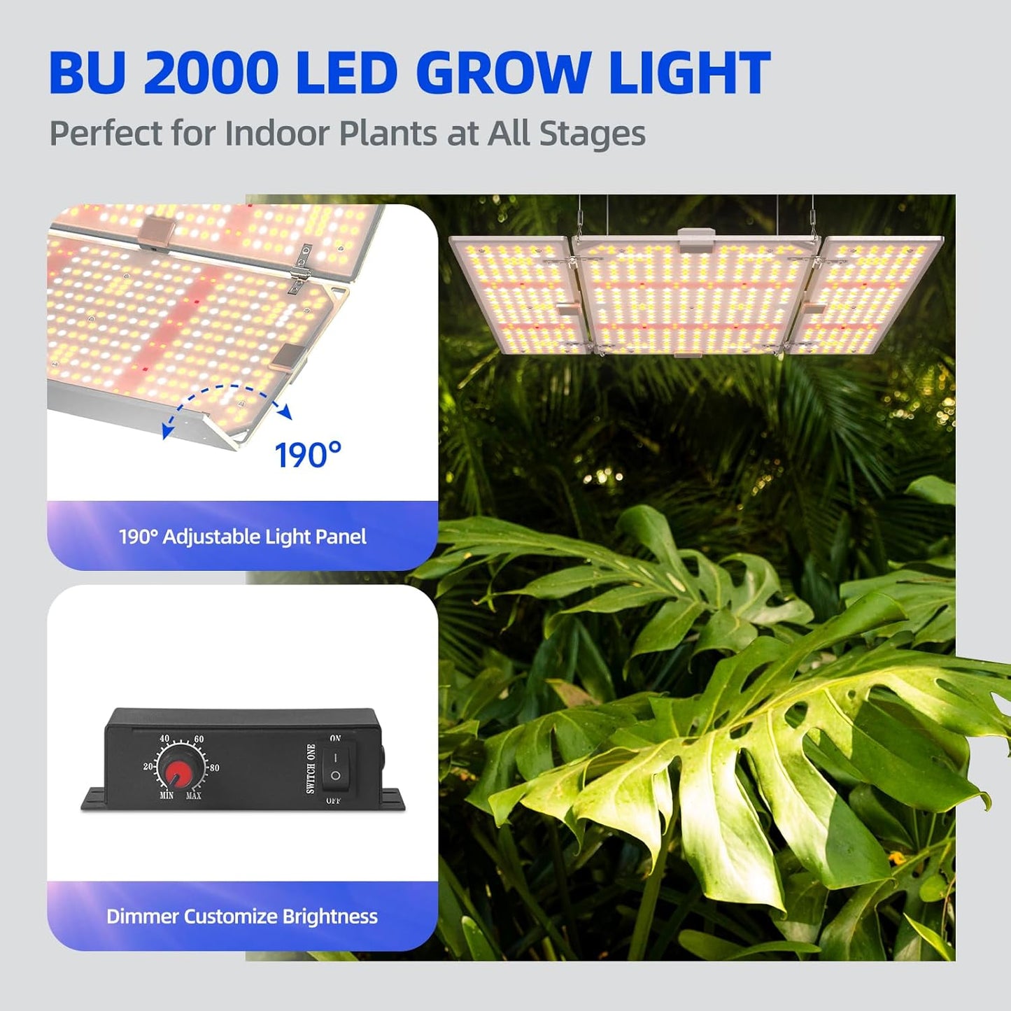 Barrina 4x4 Grow Lights for Indoor Plants Full Spectrum, BU2000 Dimmable, Adjustable LED Grow Light Panel, 816 LEDs, High PPFD, Plant Lights for Indoor Growing, Seedling, Flowering and Fruiting