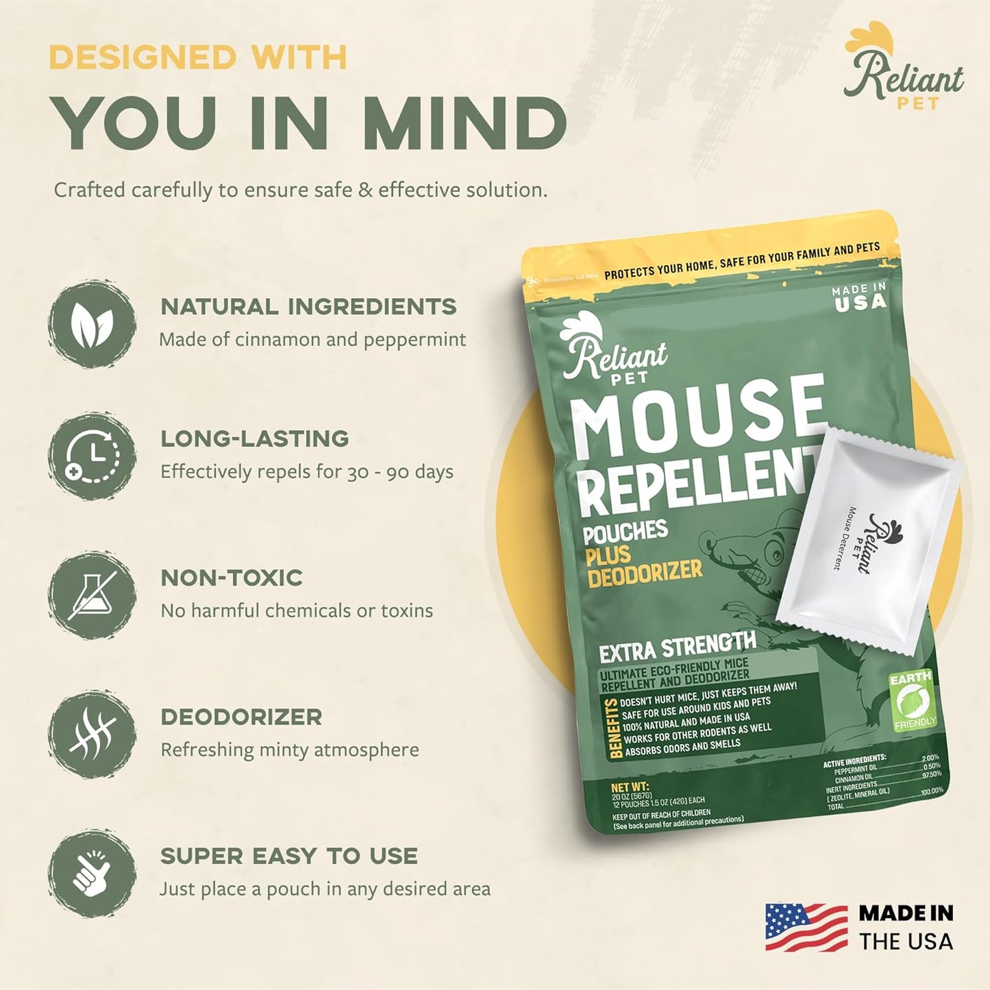Mouse Repellent Pouches - Rodent Repellent Made in USA (12 Pouches) - Keep Rodents Out of Cars Engines - Mice Repellent Indoor and Outdoor - Mouse Deterrents That Work with Peppermint Oil
