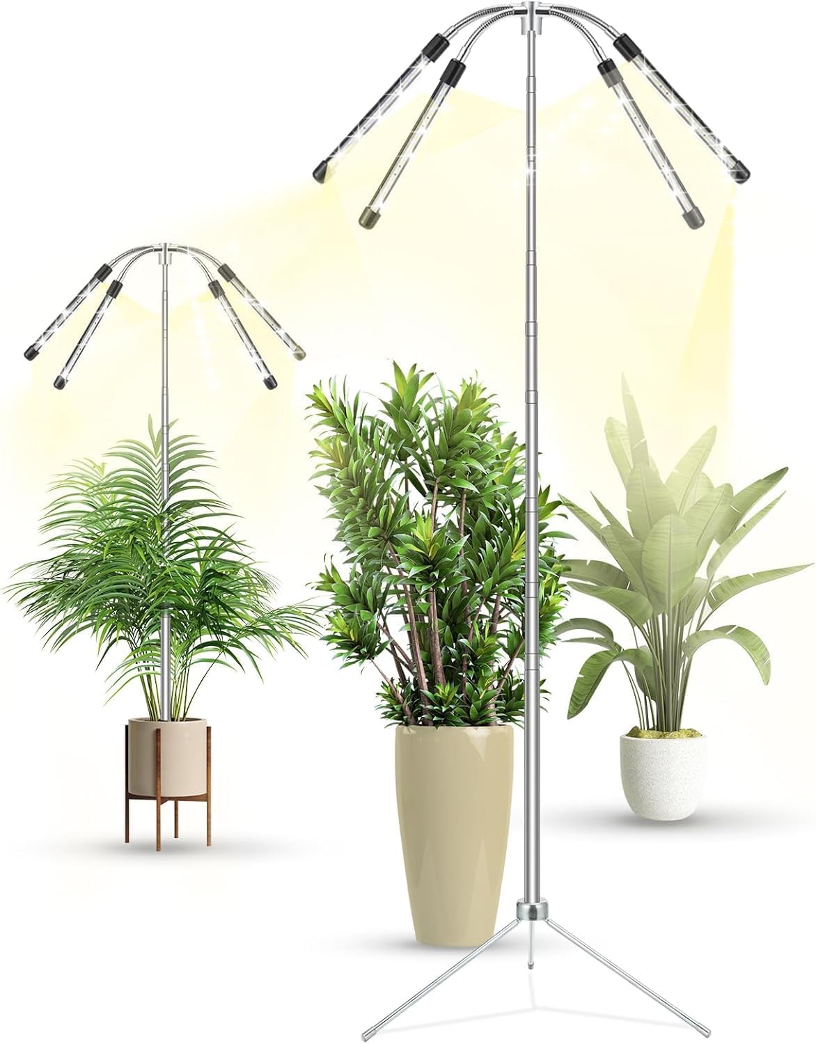 Grow Lights for Indoor Plants Full Spectrum,15-62 Inches Height Adjustable Dsektop and Standing Plant Growing Lamps with Detachable Tripod Stand, Auto On/Off Timer (Full Spectrum, Four Heads)