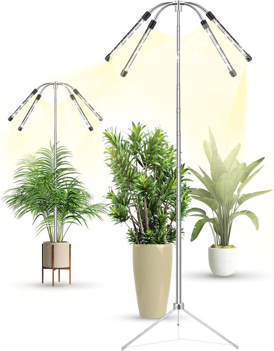 Grow Lights for Indoor Plants Full Spectrum,15-62 Inches Height Adjustable Dsektop and Standing Plant Growing Lamps with Detachable Tripod Stand, Auto On/Off Timer (Full Spectrum, Four Heads)