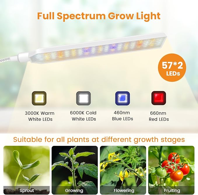 Grow Lights for Indoor Plants with Stand, 2-Heads Full Specturm Plant Grow Light with 4/8/12/16H Timer, 3 Color Modes, 360° Flexible Gooseneck, 24-68.7in Hight Adjustable Plant Growing Lamp