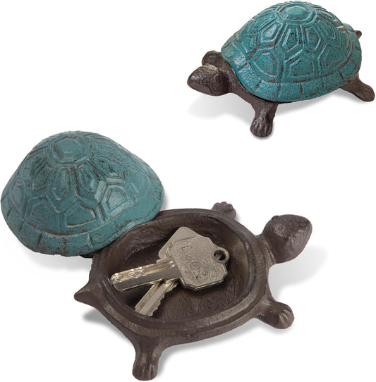Spare Key Hiders Outside Cast Iron Turtle Hidden Key Holder for Outdoor, Yard, Patio Hide A Key and Decoration Garden, Antique Blue