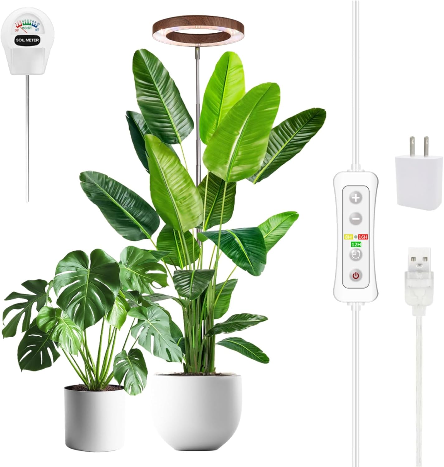 Plant Grow Light,yadoker LED Growing Light Full Spectrum for Indoor Plants, Paired with a Soil Tester,Height Adjustable, Automatic Timer, 5V Low Safe Voltage,Idea for Large Plant Light
