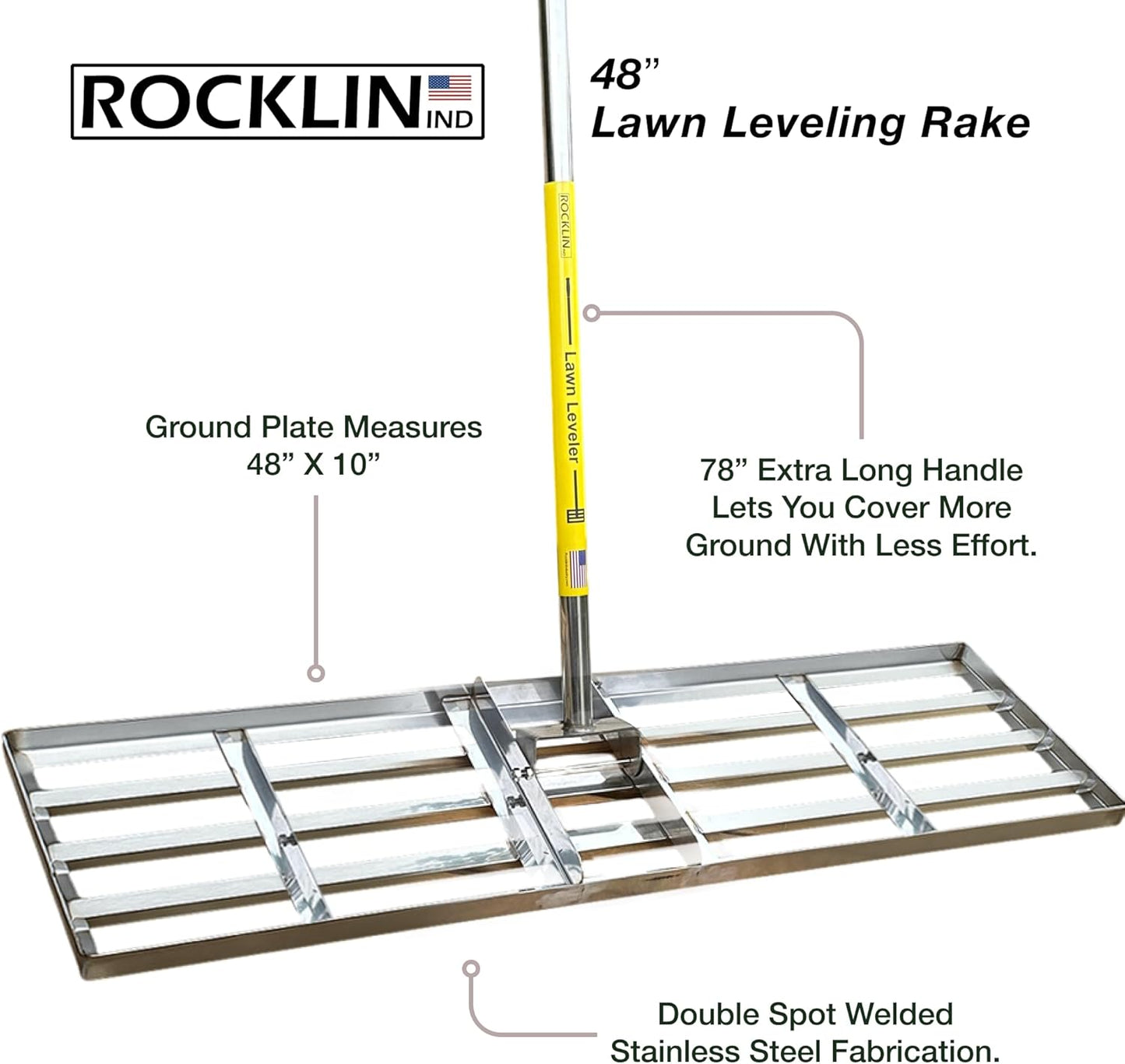 Rocklin™ Lawn Leveling Rake | Levelawn Tool | Level Soil or Dirt Ground Surfaces Easily | 48” x 10” Ground Plate | 78” Extra Long Handle | Stainless Steel