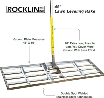 Rocklin™ Lawn Leveling Rake | Levelawn Tool | Level Soil or Dirt Ground Surfaces Easily | 48” x 10” Ground Plate | 78” Extra Long Handle | Stainless Steel