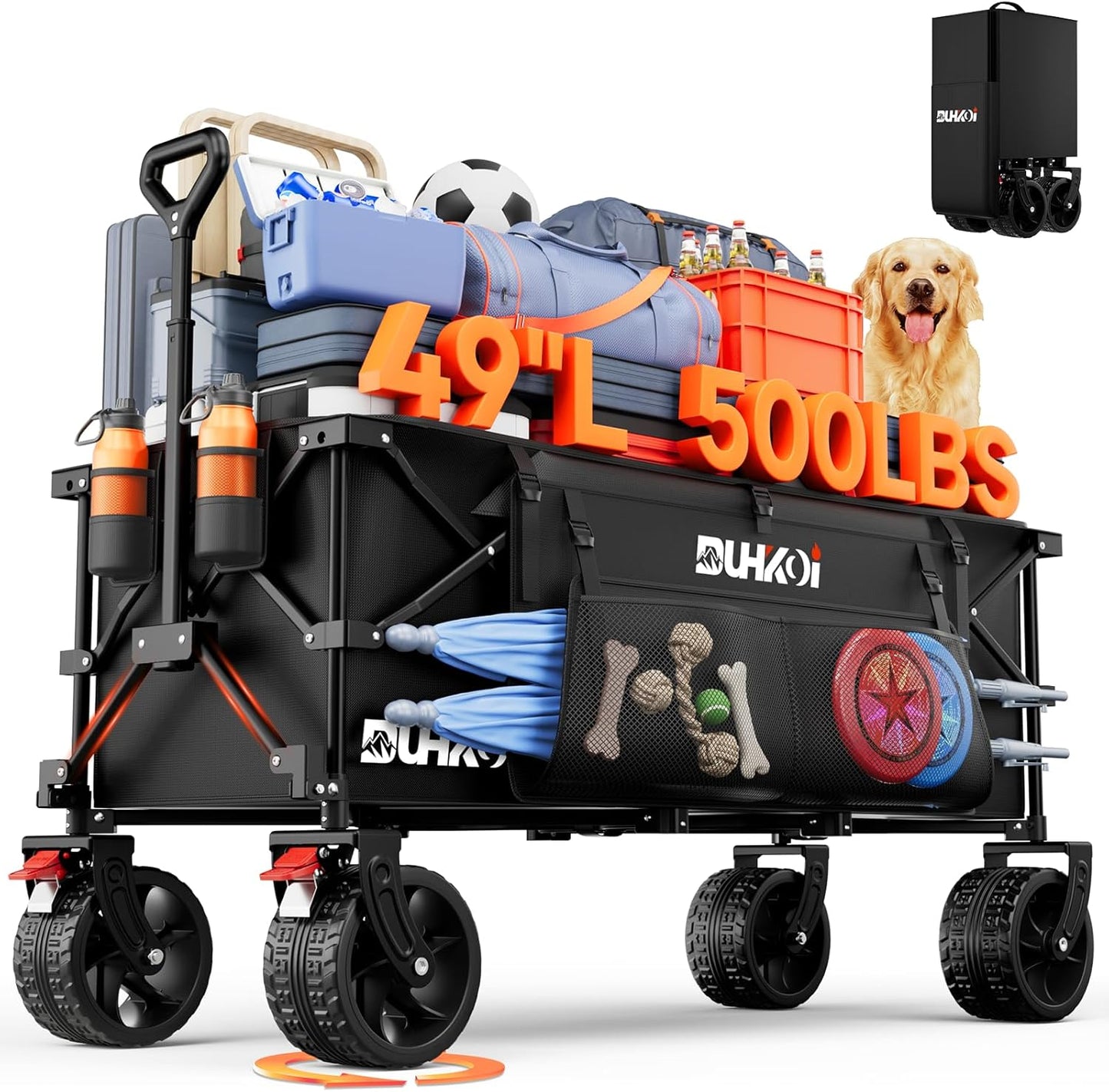 49" L Collapsible Foldable Extended Wagon with 500lbs Weight Capacity,300L Heavy Duty Beach Cart,Large Utility Wagon with Cup Holders,Cart for Sports,Outdoors,Grocery,Shopping,Black