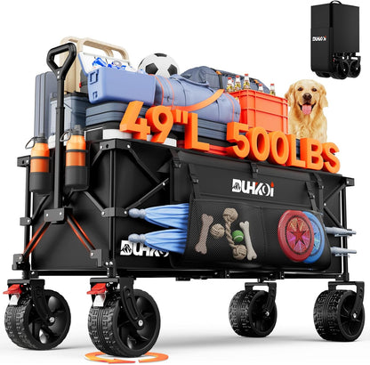 49" L Collapsible Foldable Extended Wagon with 500lbs Weight Capacity,300L Heavy Duty Beach Cart,Large Utility Wagon with Cup Holders,Cart for Sports,Outdoors,Grocery,Shopping,Black