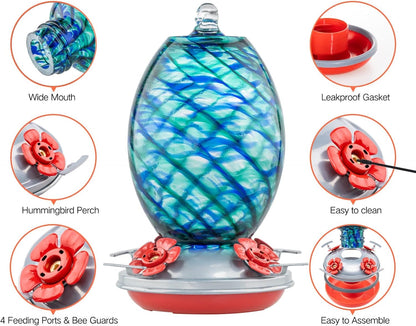 Muse Garden Glass Humming Bird Feeders for Outdoors - 27OZ Blown Glass Hummingbird Feeder - Unique Gift for Mom Women Grandparents, Outdoors Hanging Garden Decor, Ant Moat & Brush, Blue Mermaid