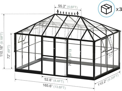 Jocisland 14x9.5x9 FT Polycarbonate Greenhouse with Clear Panels- 6 FT Wall Height Outdoor Aluminum Greenhouses with 2 Vents, Double Doors with Hook, Walk-in Greenhouse for Backyard Garden