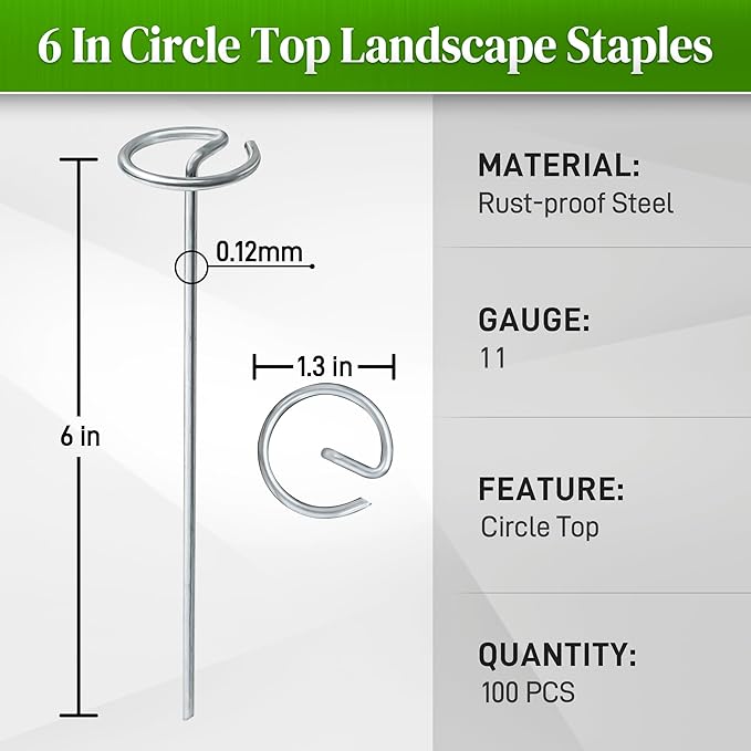 100 Pcs Circle Top Landscape Staples, 11 Gauge Landscape Fabric Pins, Not Easy to Bend 6 inch Galvanized Landscape Fabric Stakes, Garden Stakes for Landscaping, Heavy Duty Ground Stakes