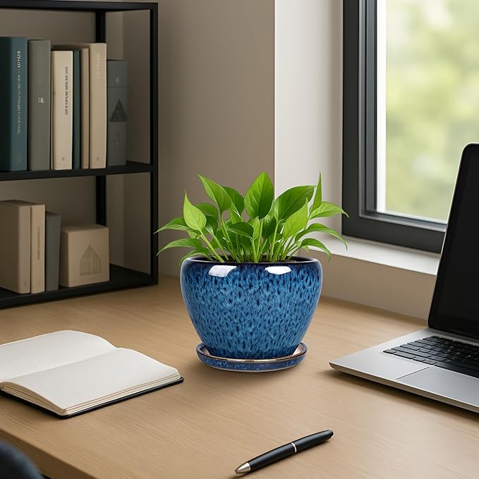 Deep Dream 6 Inch Plant Pots- Ceramic Planter Pot with Drainage Hole and Saucer, Round Flower Pot for Indoor Outdoor Succulent, Snake Plants and Cactus, Blue