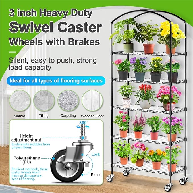 Abimars 5-Tier Greenhouse with Caster Wheel, Each Shelf Height Adjustable Metal Plant Shelf with PVC Cover for Seed Starting Trays, Seedling Pots, Plant Pots, 13x29x73inch