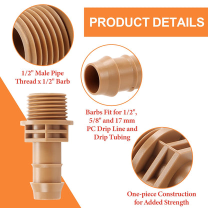 12 Pieces 1/2 Inch PVC to 1/2 Inch Drip Irrigation Adapter Fittings, 1/2" Male Pipe Thread(MPT) x 1/2" Drip Line Barbed Coupling Connectors 1/2-in PVC to 1/2-in Poly Tubing Adapter
