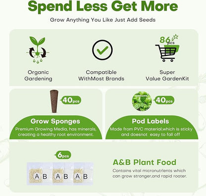 Ahopegarden 86PCS Hydroponic Pods Kit: Compatible with Aerogarden, iDOO, Most Brand Hydroponics Growing System, Indoor herb Garden Supplies Includes Grow Sponges, Labels, A&B Plant Food, Tweezer