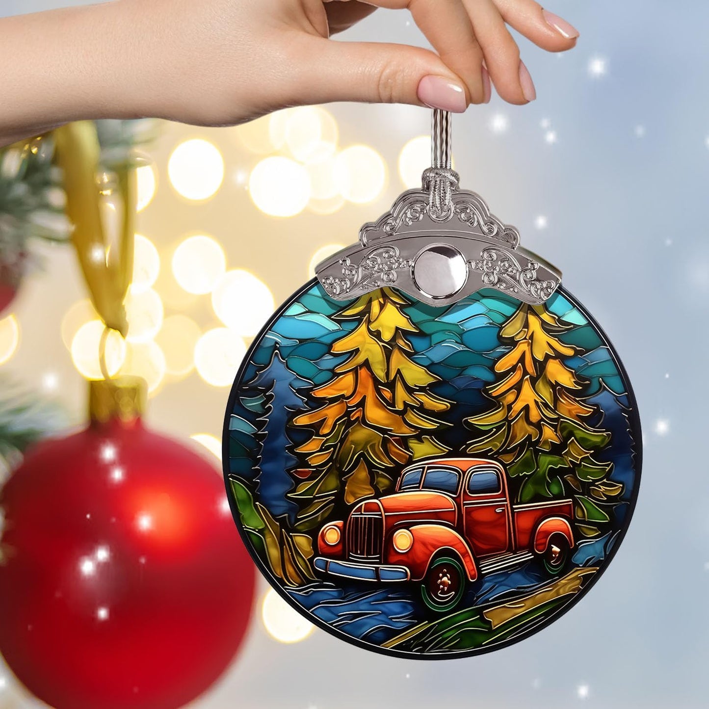 Red Truck Christmas Stained Glass Ornament - Home Decoration Gift for Xmas