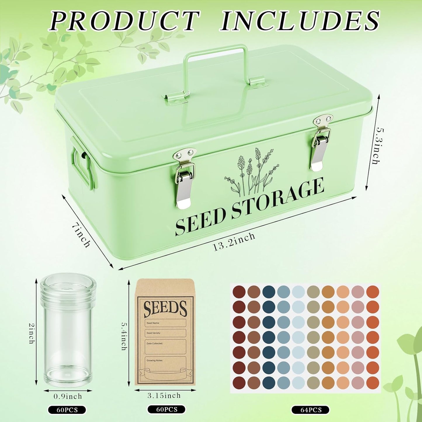 60 Slots Seed Storage Box with 4 Dividers, Metal Seed Storage Organizer, Seed Saving Box, Seed Packet Container, Professional All-in-one Kit with 60 Seed Envelopes and Label Stickers