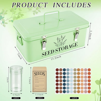 60 Slots Seed Storage Box with 4 Dividers, Metal Seed Storage Organizer, Seed Saving Box, Seed Packet Container, Professional All-in-one Kit with 60 Seed Envelopes and Label Stickers