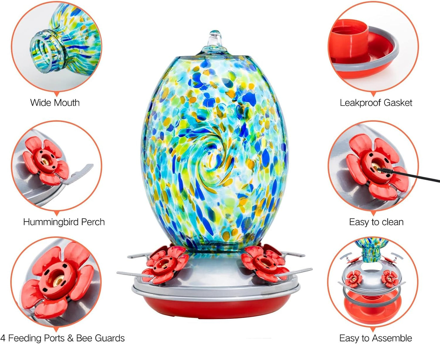 Muse Garden Glass Humming Bird Feeders for Outdoors - 27OZ Blown Glass Hummingbird Feeder - Unique Gift for Mom Gardeners Women, Outdoors Hanging Garden Decor, Includes Ant Moat & Brush, Starry Night