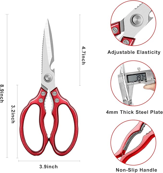 Heavy Duty Sharp Kitchen Scissors, Dishwasher Safe, Cooking Shears for Meat, Chicken, Fish, Poultry, Herb, Bread (Red)
