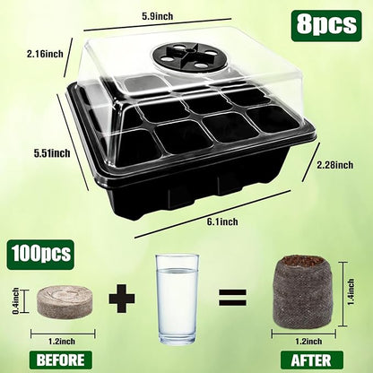 Halatool 8 Pack Seed Starter Tray with 100 PCS Peat Pellets, 96 Cells Black Plant Germination Trays for Organic Seed Starter Soil Pods for Planting Vegetables Plants Flowers Herbs - Starting Seeds Kit