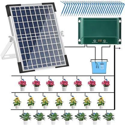 Lewisia 10W Solar Automatic Drip Irrigation Kit Auto Watering System Solar Powered Auto-Irrigation Set for Garden Raised Beds Patio Lawn Greenhouse Potted Plants Up to 50 Plants