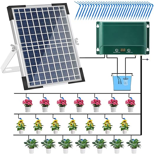 Lewisia 10W Solar Automatic Drip Irrigation Kit Auto Watering System Solar Powered Auto-Irrigation Set for Garden Raised Beds Patio Lawn Greenhouse Potted Plants Up to 50 Plants