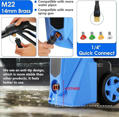 Pressure Cleaner 5000 PSI 2.8 GPM High Power Cleaners with 33ft Pressure Hose, 4 Nozzle and Foam Cannon, for Home, Cars, Fences, Patio (Blue)
