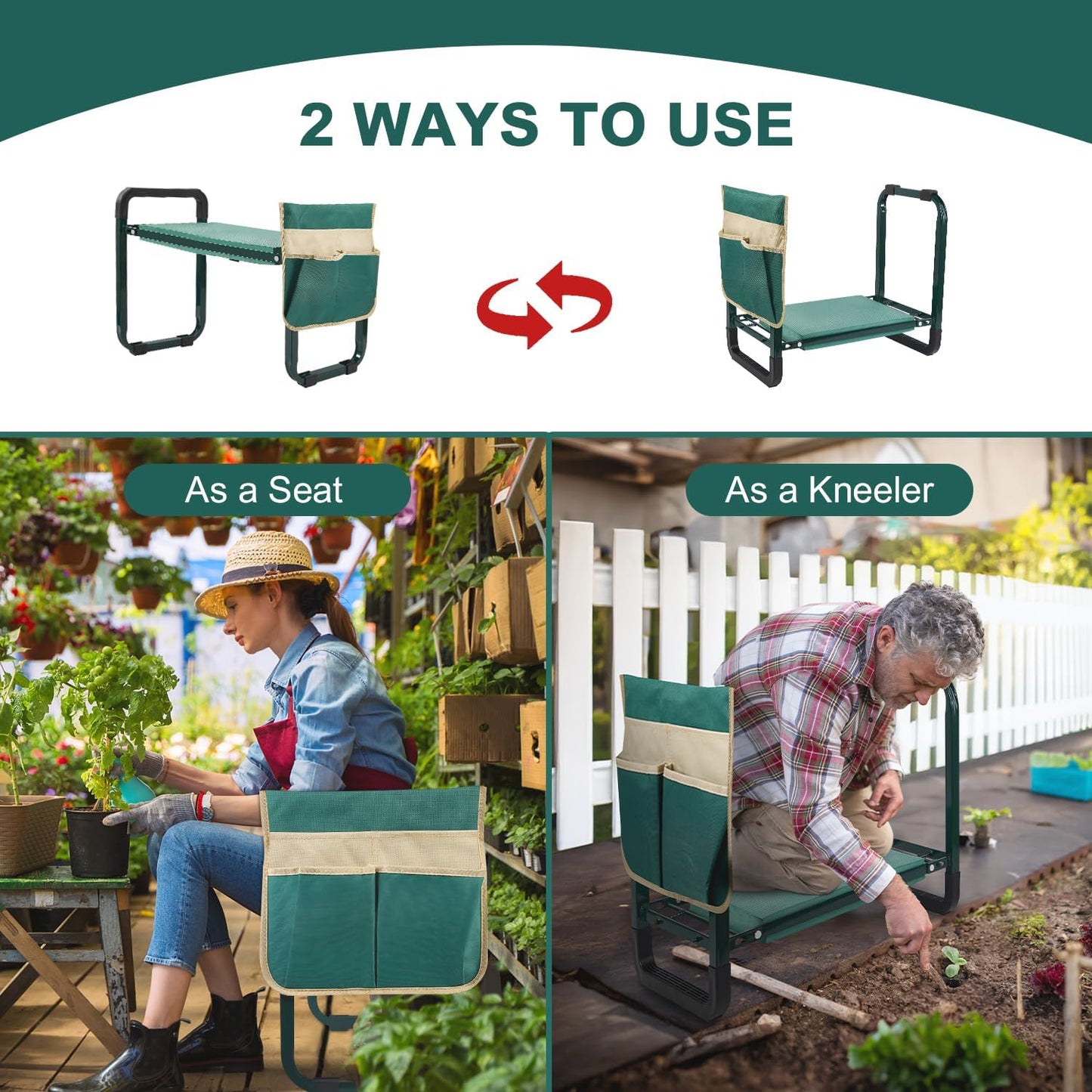 Heavy Duty Garden Kneeler and Seat with Tool Pouches | Foldable Gardening Bench Kneeler & Stool for Seniors | Reusable Leaf Bag & Repotting Mat | Wide Kneeling Pad Gifts for Mom Men (Garden seat)