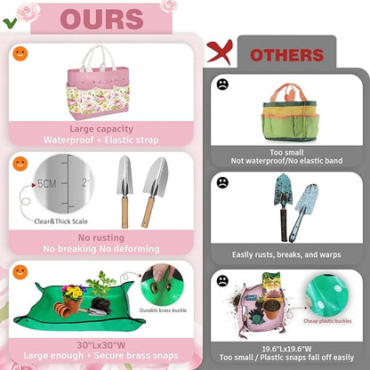 22PCS Garden Tools Set for Women,Heavy Duty Hand Tool Kit Included Handy Tote Bag/Trowel/Repotting Mat/Rake/Pruner/Gloves/Plant Tags,Garden Supplies Gardening Gifts for Beginner Mom-Pink