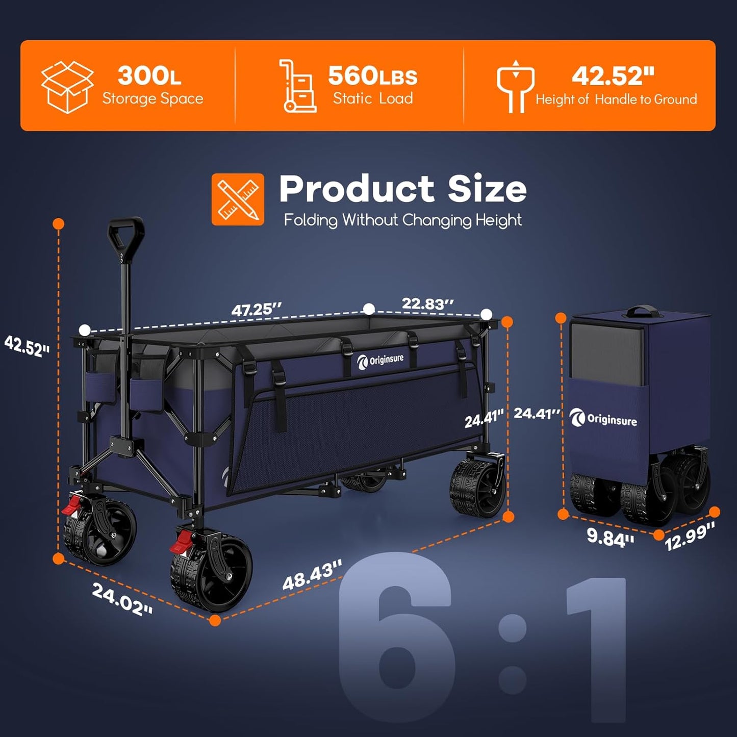 48" L Collapsible Wagon Cart Foldable, 560lbs Weight Capacity 300L Heavy Duty Folding Beach Wagons with Big All-Terrain Wheels, Utility Carts for Groceries, Shopping, Camping, Sports - Grey&Purple