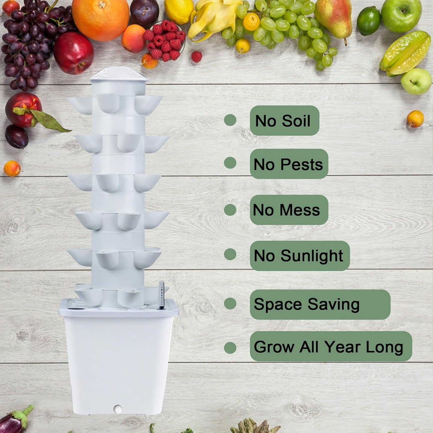 Hydroponics Tower Indoor Growing System Vertical Garden Planter Indoor Smart Garden Kit with Pump and Movable Water Tank Vegetable Plant Gift for Gardening Lover (White)