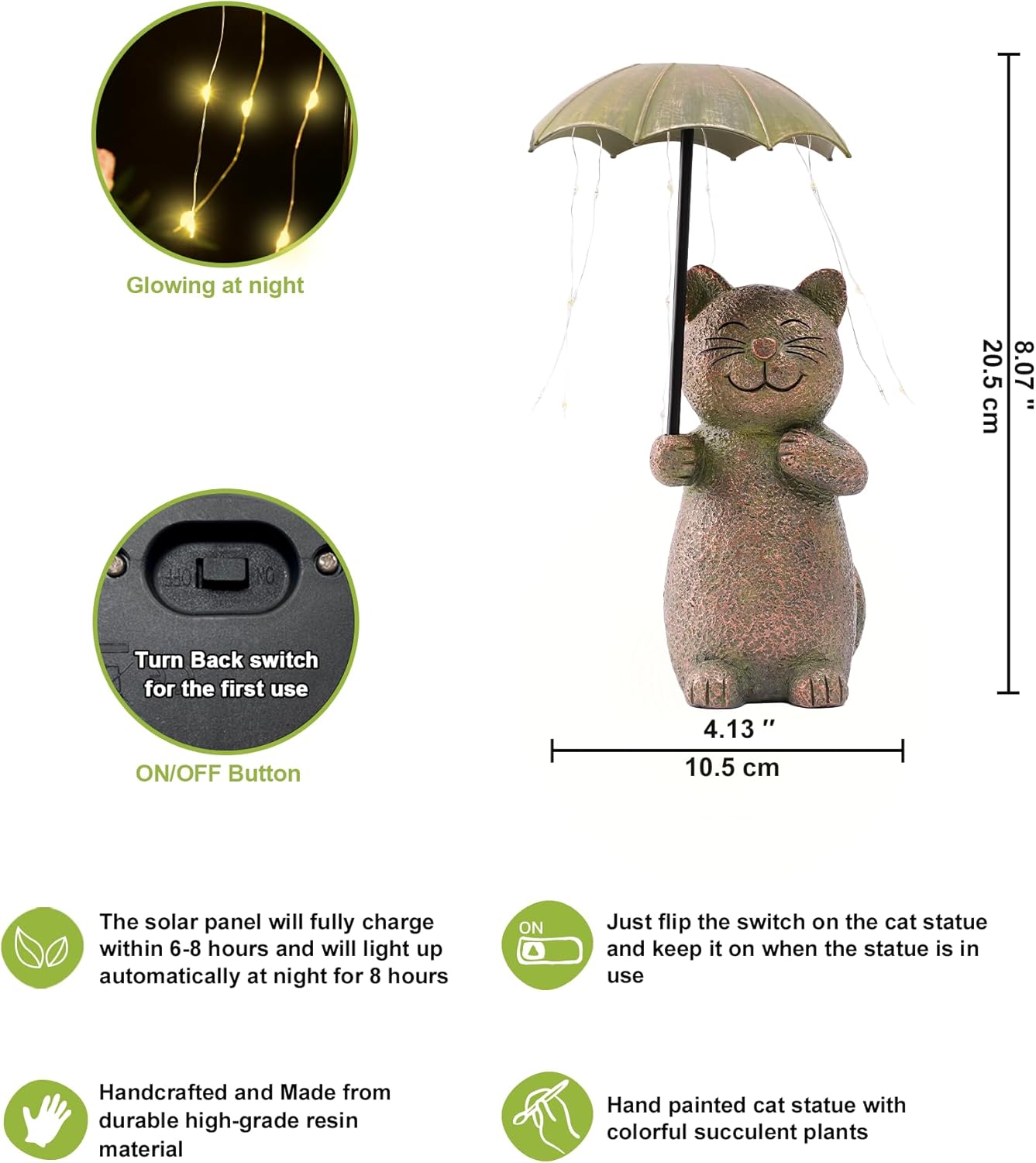 Nacome Solar Cat Garden Statues Outdoor Decor: Holding Umbrella with String Lights Patio Yard Lawn Outside Decorations - Birthday Gifts for Mom Grandma Women Sister(Copper)
